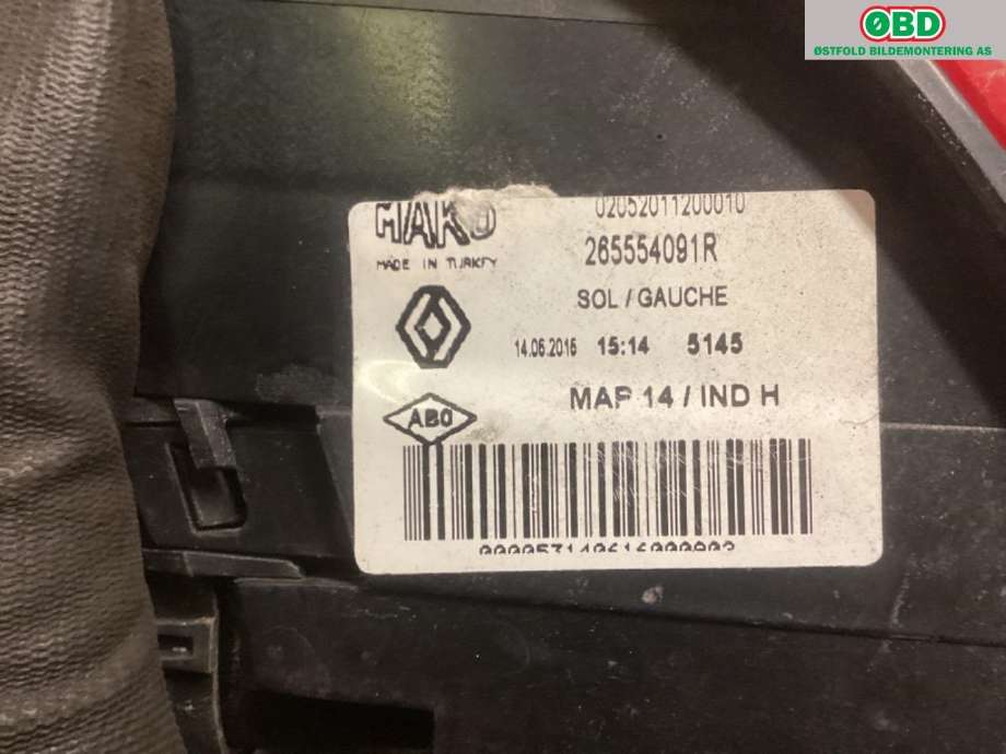 Baklykt venstre til Renault Clio 2012-2016 (Type IV, Fase 1)  (RENAULT|265554091R|)