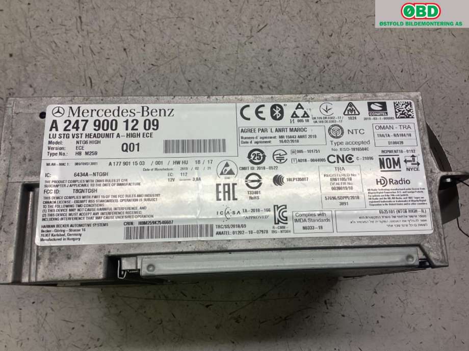 Bilstereo navigasjon til Mercedes CLA 2019-->> (C118) (C118) (MERCEDES|A 247 900 12 09|)