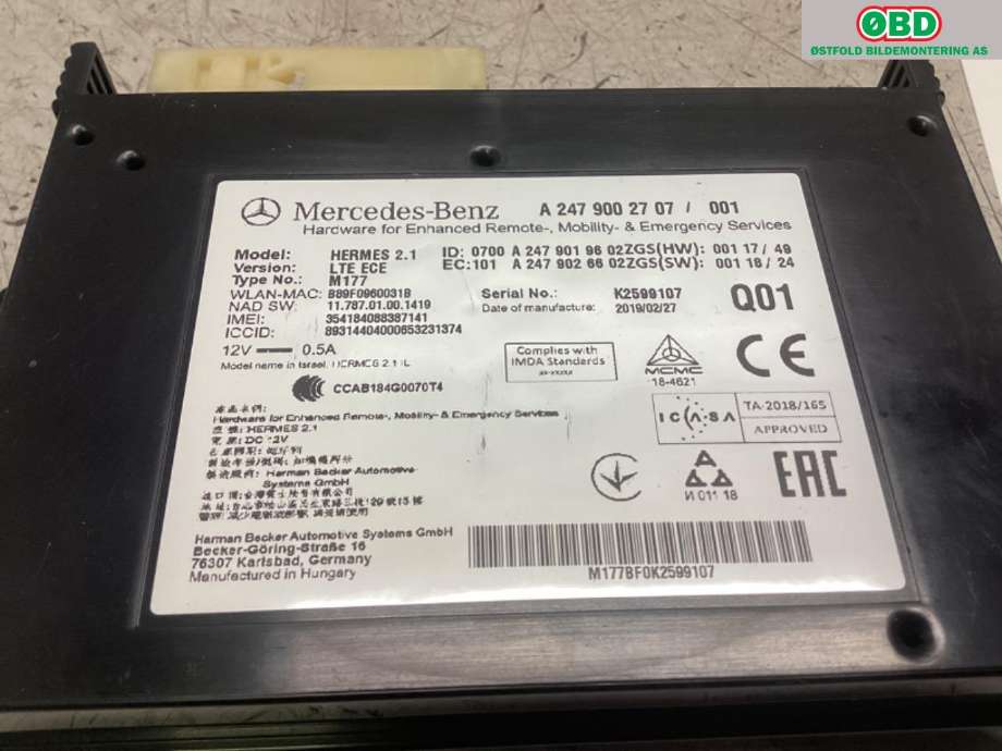 Bilstereo diverse til Mercedes CLA 2019-->> (C118) (C118) (MERCEDES|A 247 900 27 07|A 238 900 86 01|2479002707)