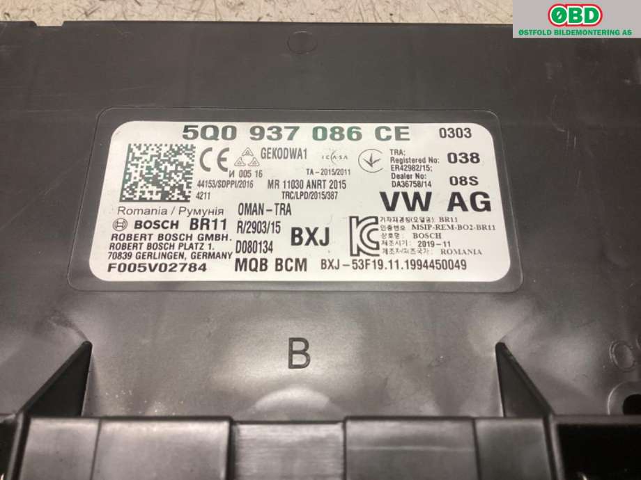 Styreenhet comfort (BCM) til VW Passat 2015-2019 (Fase 1) (B8) (B8) (VOLKSWAGEN|5Q0 937 086 CF||5Q0 937 086 CE)