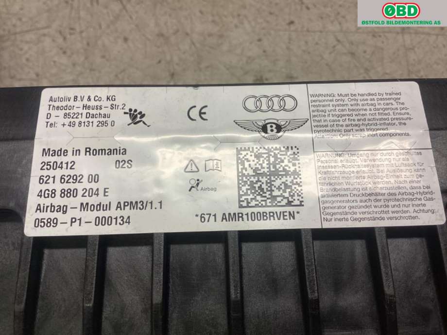 Airbag passasjer til Audi A7 2010-2014 (Type I, Fase 1)  (AUDI|4G8 880 204 E|)
