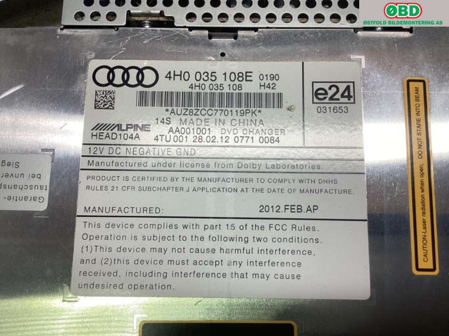 Bilstereo navigasjon spiller til Audi A7 2010-2014 (Type I, Fase 1)  (AUDI|4H0035108E|)