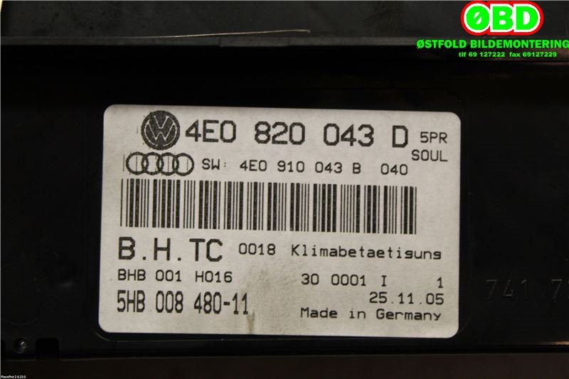 Varmeapparat betjening til Audi A8 2003-2010 (Type II) (AUDI|4E0 820 043 G||4E0820043D)