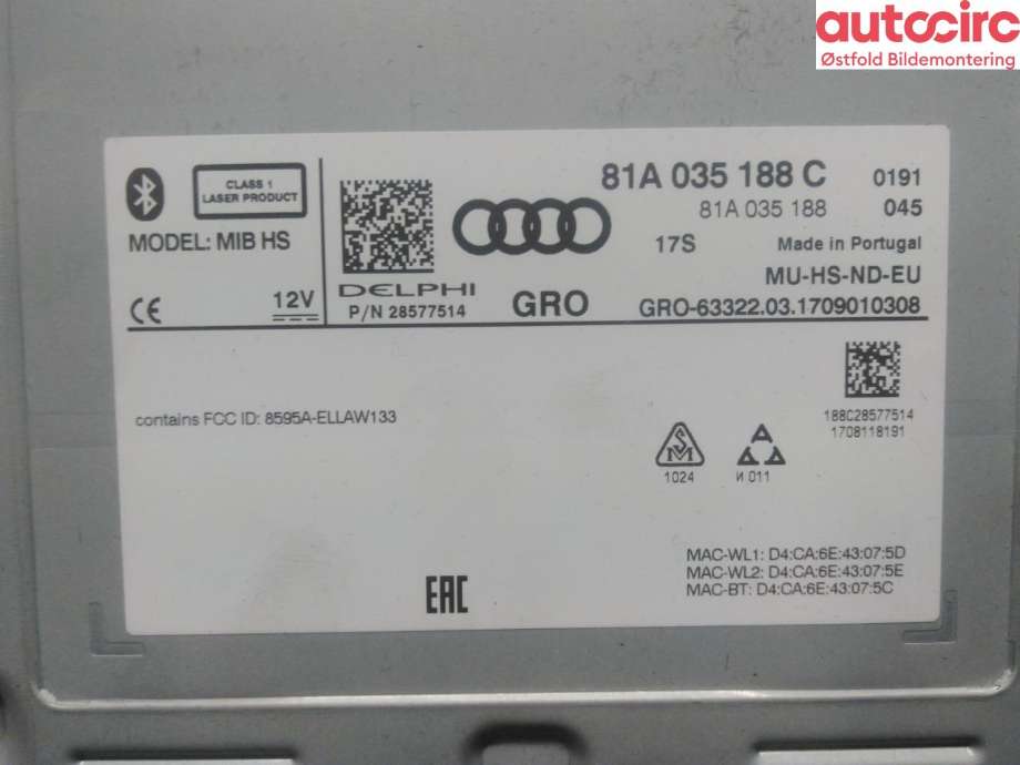 Bilstereo navigasjon til Audi A3 2016-2020 (Type III, Fase 2)  (AUDI|81A 035 188 C|)