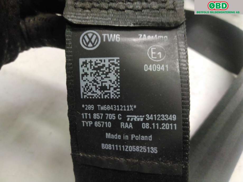 Airbag beltestrammer til VW Touran 2010-2015 (Type I, Fase 3)  (VOLKSWAGEN|1T1 857 705 C|)