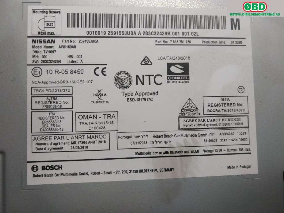 Bilstereo navigasjon til Nissan Navara 2016-->> (D23) (D23) (NISSAN|259155JU0A|)