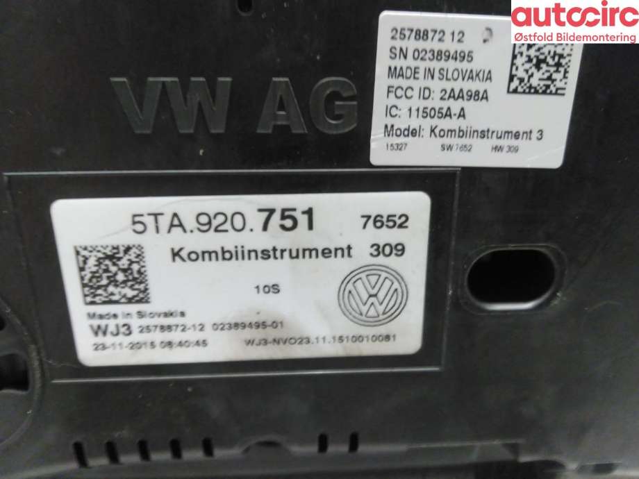 Instrumentpanel til VW Touran 2015-2021 (Type II)  (VOLKSWAGEN|5TA 920 751|)