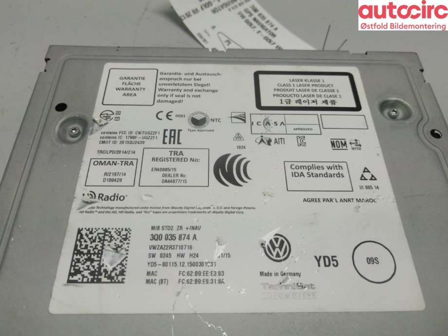 Bilstereo navigasjon til VW Golf VII 2012-2017 (Fase 1)  (VOLKSWAGEN  ALLTRACK|3Q0 035 874 A|)
