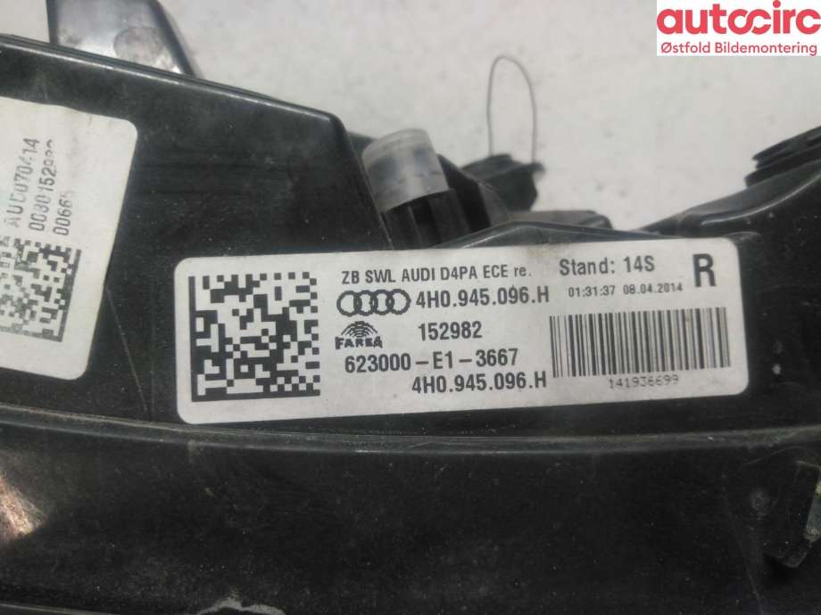 Baklykt høyre til Audi A8 2010-2013 (Type III, Fase 1) (AUDI|4H0 945 096 H|)