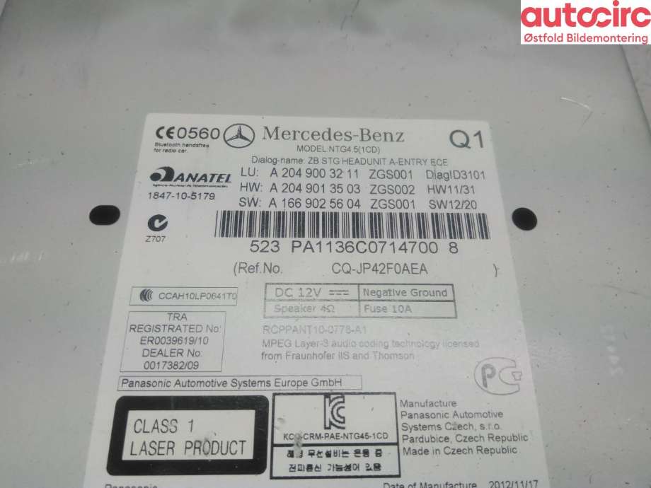 Bilstereo navigasjon til Mercedes C-Klasse 2011-2014 (Fase 2) (W204) (W204) (MERCEDES|A 204 900 92 14|)