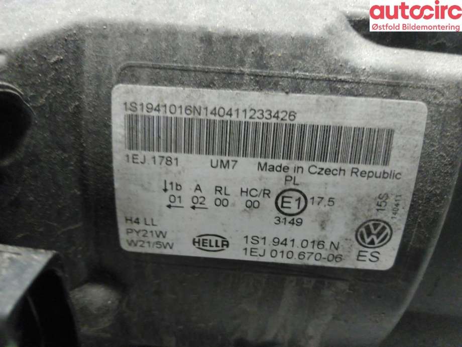 Frontlykt høyre halogen til VW E-Up 2013-2019 (VOLKSWAGEN|1S1 941 016 N|)