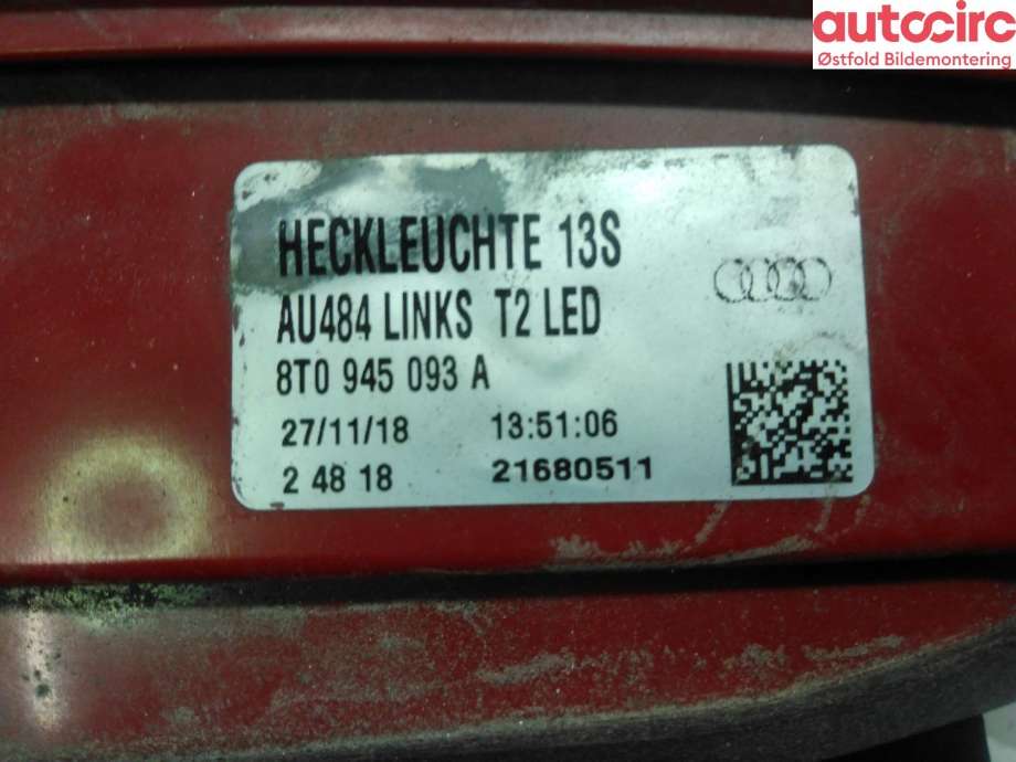 Baklykt venstre indre til Audi A5 2007-2016 (Type I)  (AUDI|8T0 945 093 A|)
