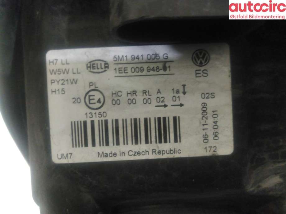 Frontlykt venstre halogen til VW Golf, Plus/Cross 2009-2013 (Fase 2) (VOLKSWAGEN|5M1 941 005 G|)