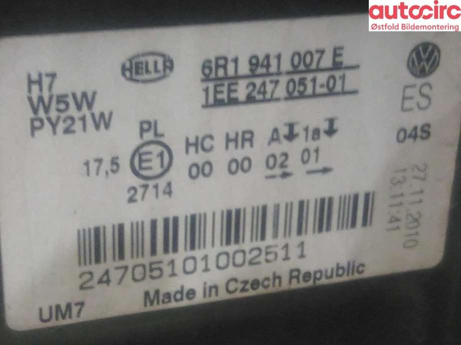 Frontlykt venstre halogen til VW Polo 2009-2014 (Type V, Fase 1)  (VOLKSWAGEN|6R1 941 007 E|6R1 941 007 F|)