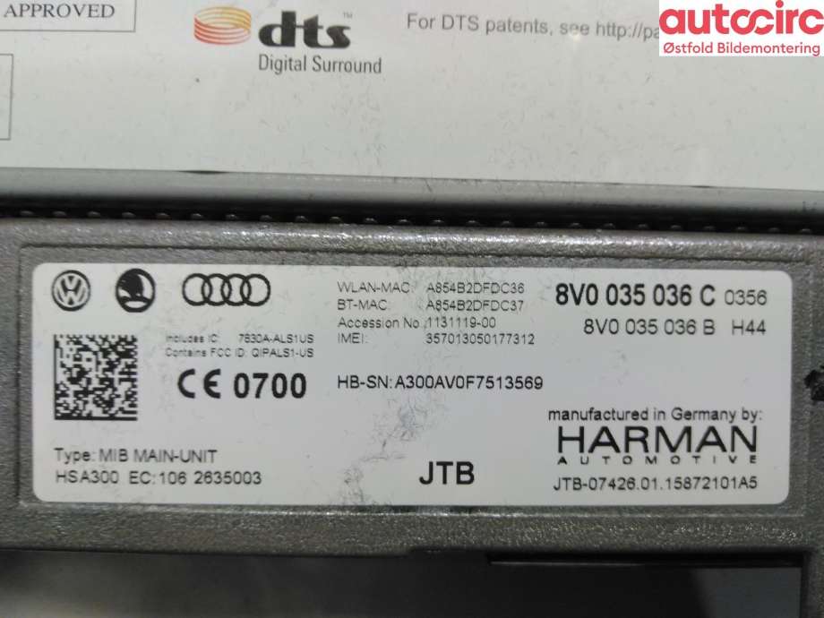 Bilstereo navigasjon til Audi A3 2012-2016 (Type III, Fase 1) (AUDI|8V0 035 036 C|)