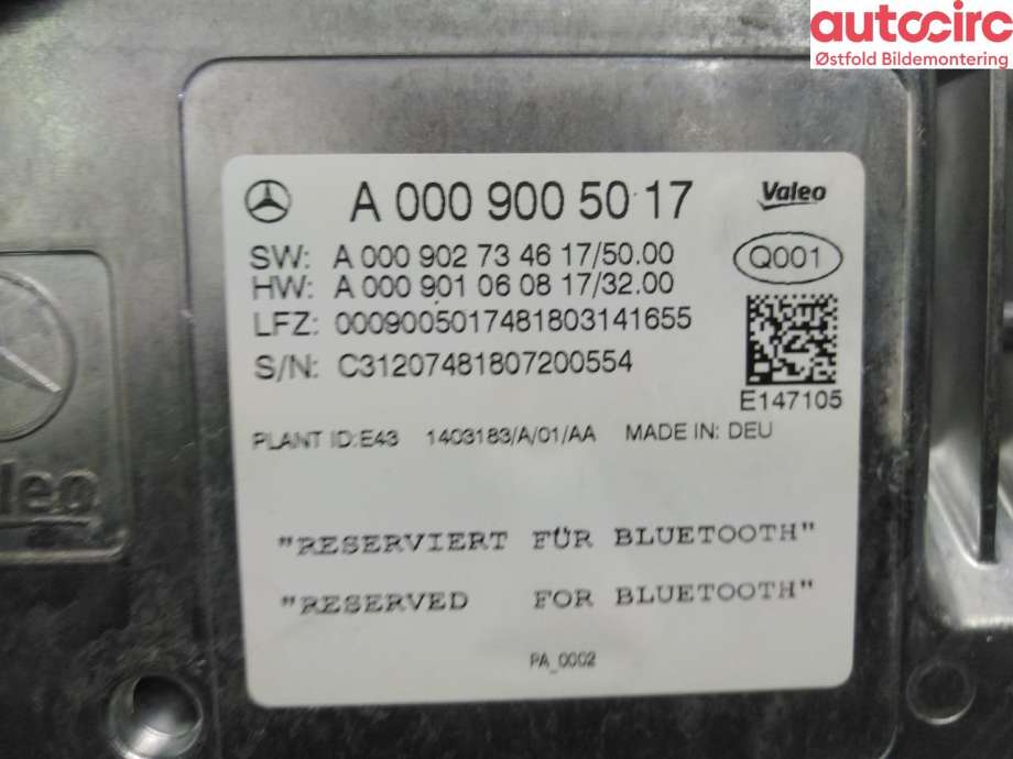 Bilstereo diverse til Mercedes A-Klasse 2018-->> (W177) (W177) (MERCEDES|A 000 900 50 17||0009005017)