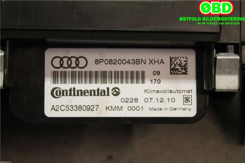 Varmeapparat betjening til Audi A3 2009-2012 (Type II, Fase 2)  (AUDI|8P0820043BN|)