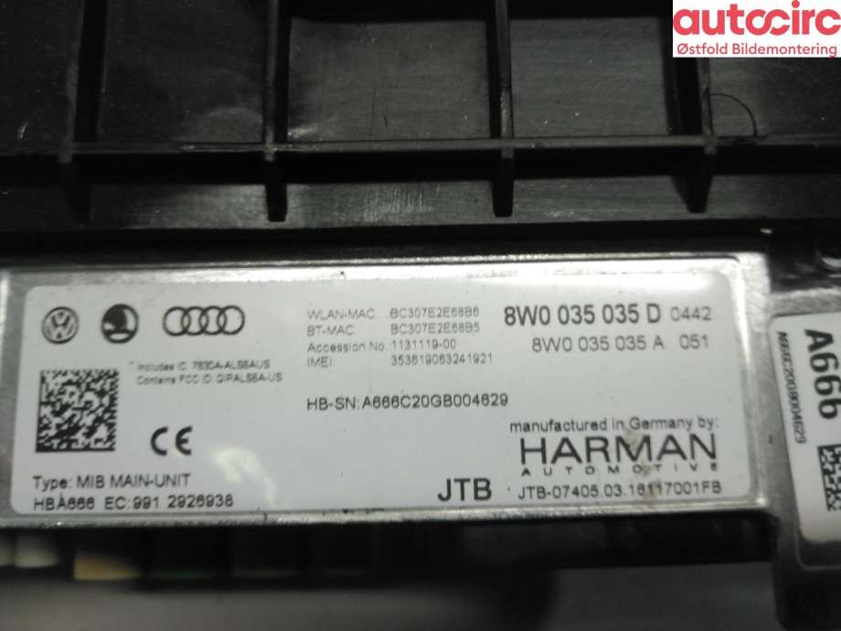 Bilstereo navigasjon til Audi A4 2015-2019 (Type V, Fase 1) (B9) (B9) (AUDI|8W0 035 035 D|)