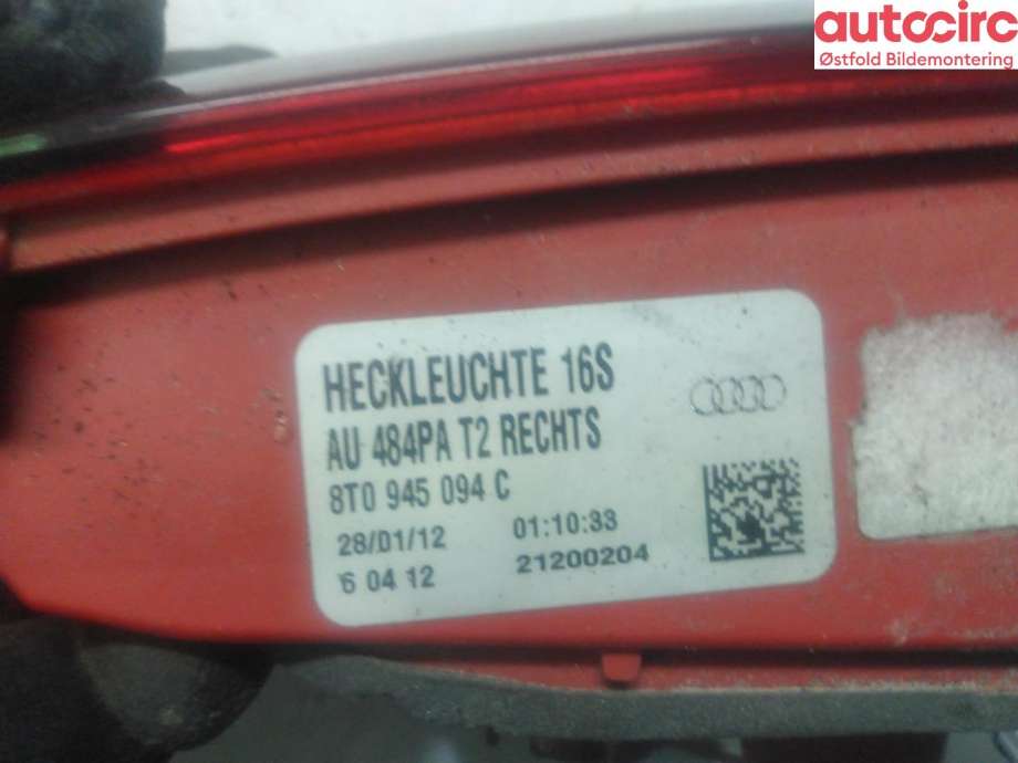 Baklykt høyre indre til Audi A5 2007-2016 (Type I)  (AUDI|8T0 945 094 C|)