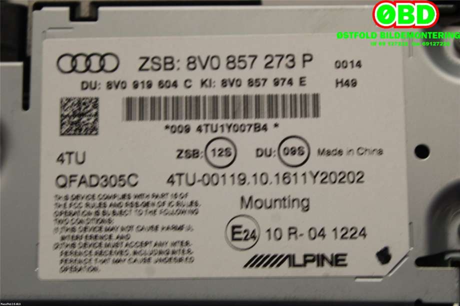 Instrument kjørecomputer til Audi A3 2016-2020 (Type III, Fase 2)  (AUDI|8V0857273P|)