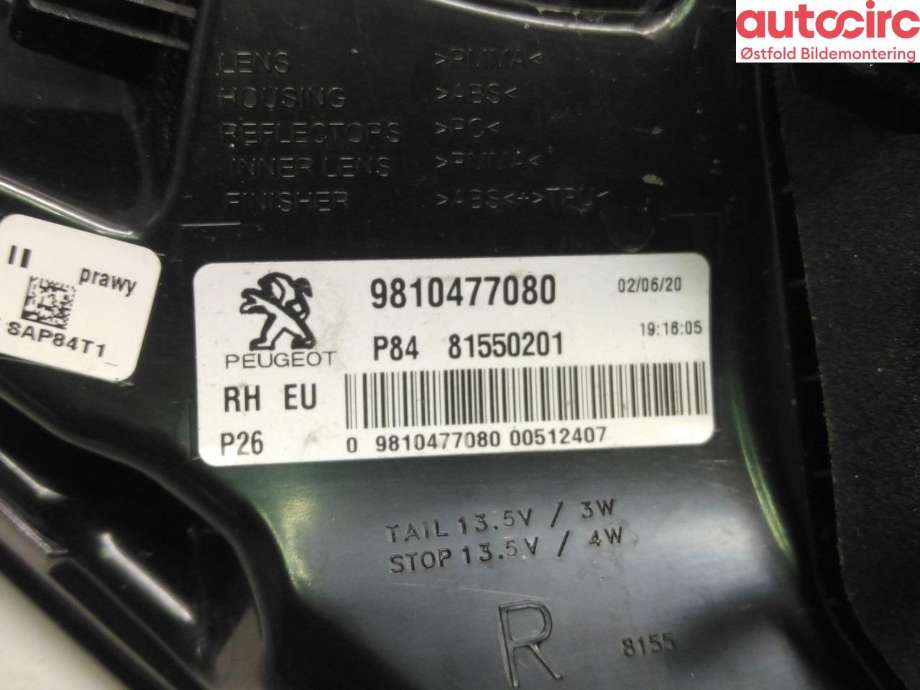 Baklykt høyre til Peugeot 3008 2016-->> (Type II)  (PEUGEOT|98 104 770 80|)