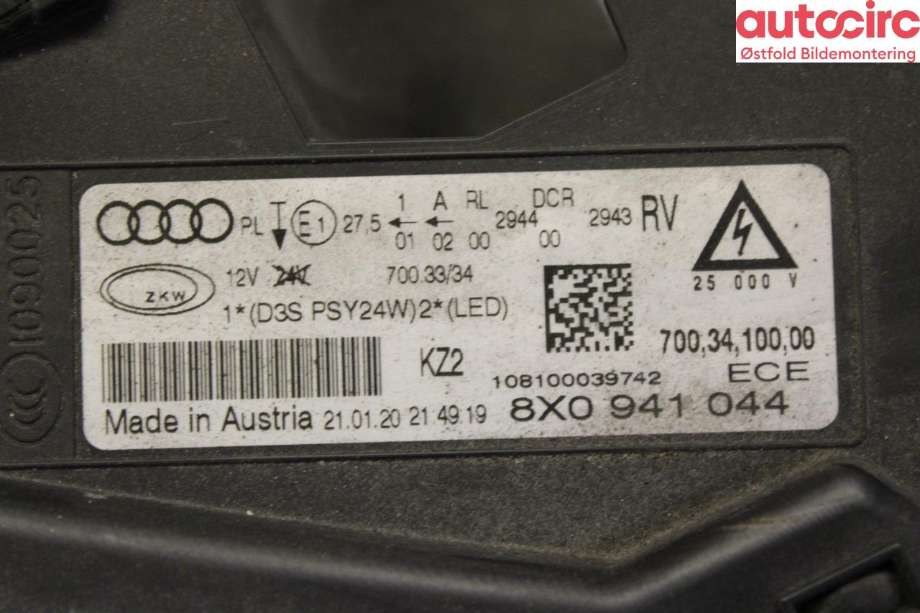 Frontlykt høyre halogen til Audi A1 2010-2014 (Type I, Fase 1) (AUDI|8X0 941 044|)
