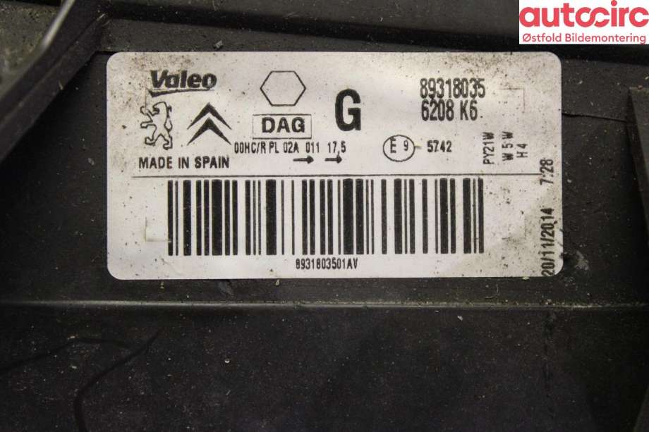 Frontlykt venstre halogen til Citroën Berlingo 2008-2015 (Type II, Fase 1)  (CITROEN|6208 K6|)