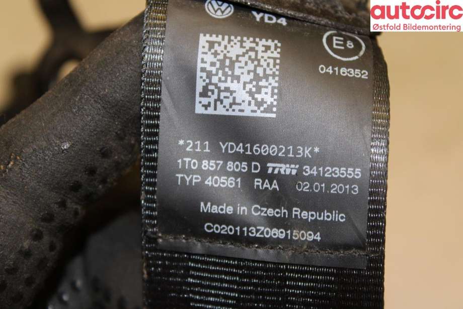 Sikkerhetsbelte bak høyre til VW Touran 2010-2015 (Type I, Fase 3)  (VOLKSWAGEN|1T0 857 805 D|)