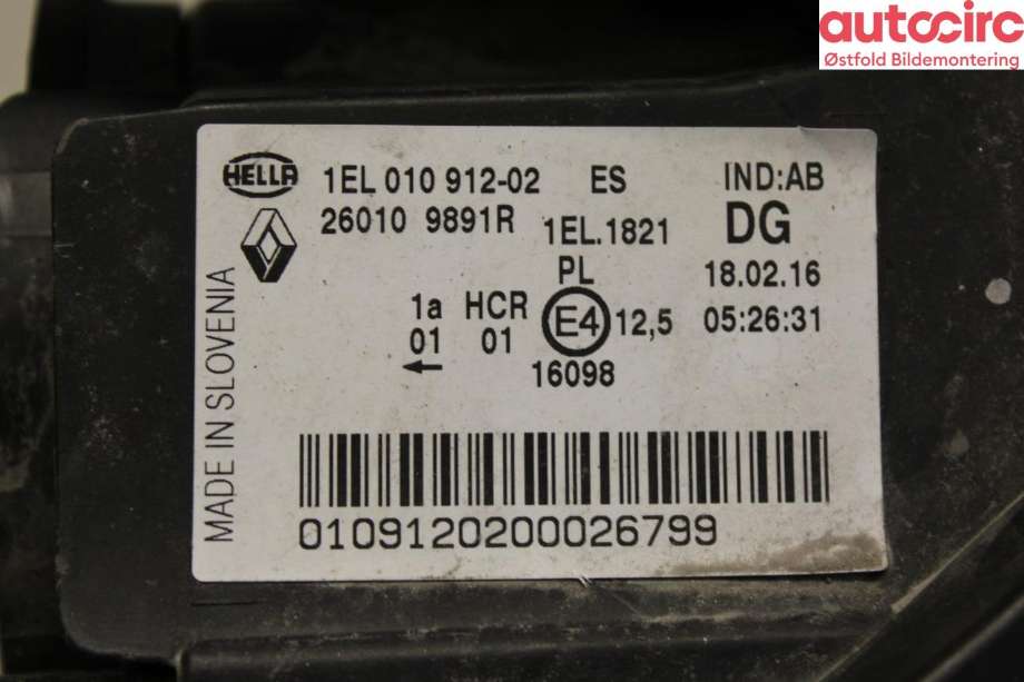 Frontlykt høyre halogen til Renault Zoe 2013-2019 (Fase 1)  (RENAULT||260109891R)