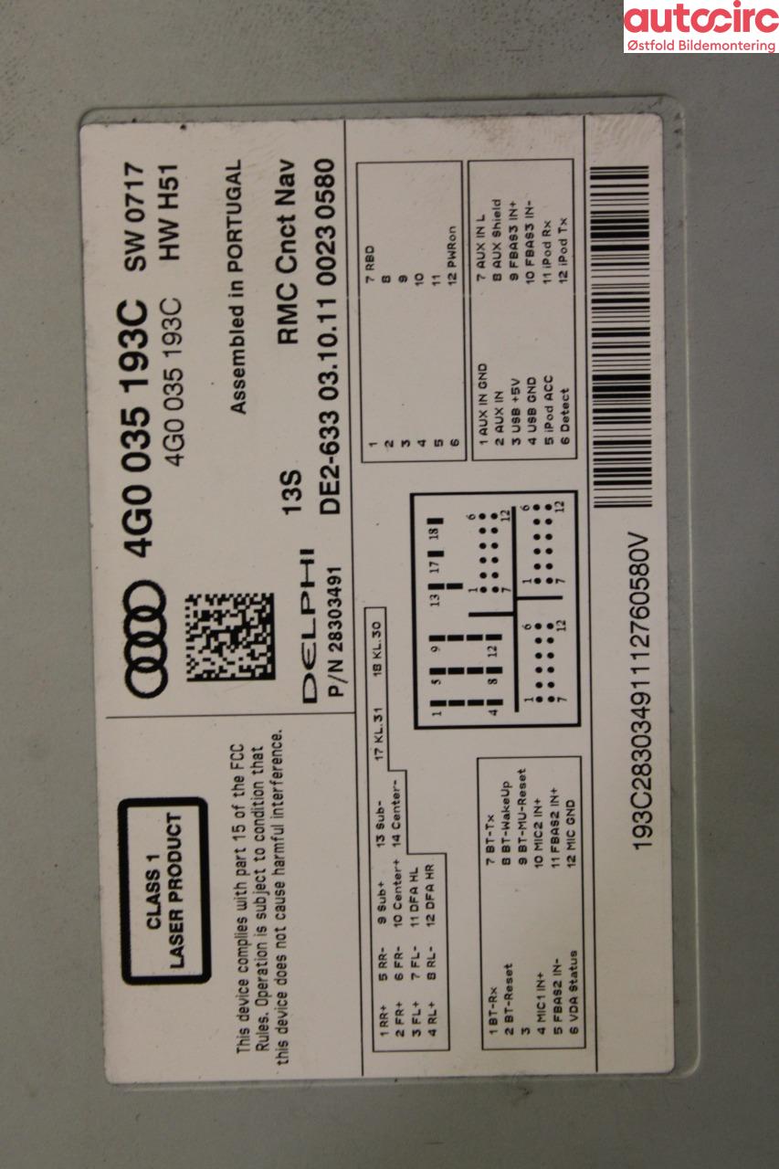 Bilstereo navigasjon til Audi A6 2011-2014 (Type IV, Fase 1) (C7) (C7) (AUDI|4G0 035 193 F|)