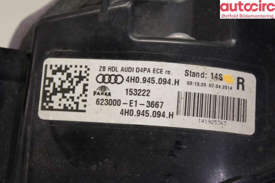 Baklykt høyre indre til Audi A8 2010-2013 (Type III, Fase 1)  (AUDI|4H0 945 094|)