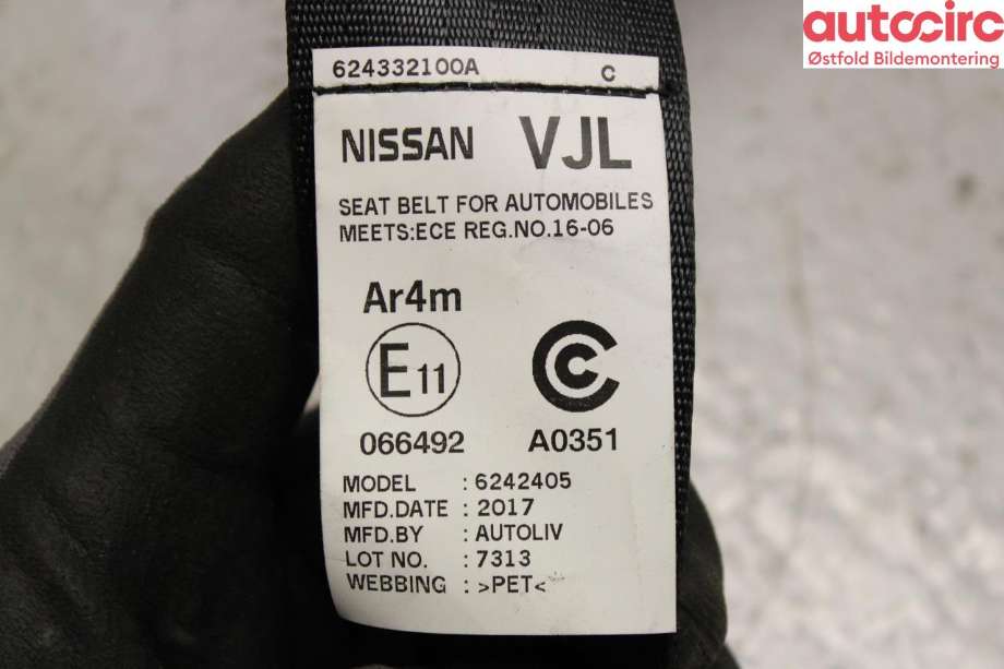 Sikkerhetsbelte bak venstre til Nissan Leaf 2011-2017 (Type I)  (NISSAN|888453NF2B|)