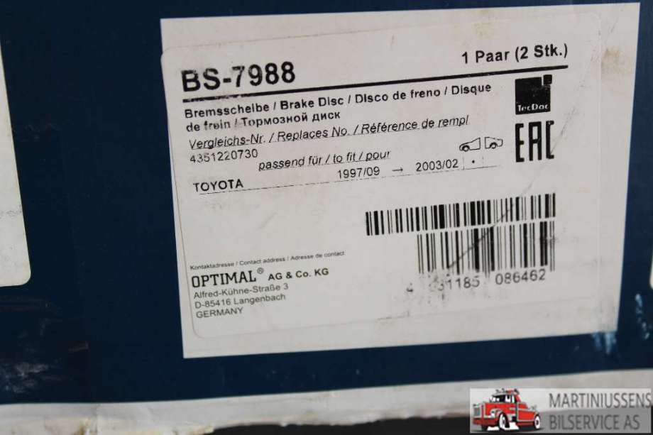 Bremseskive foran til Toyota Avensis 1997-2000 (Type I, Fase 1)