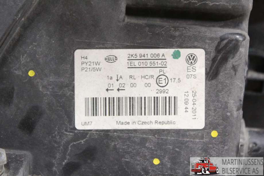 Frontlykt høyre halogen til VW Caddy 2010-2015 (Type III, Fase 2)  (VOLKSWAGEN||2K5 941 006 A)