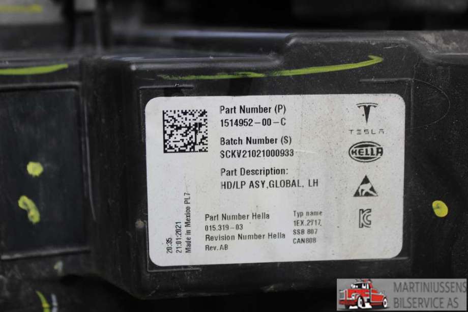 Frontlykt venstre halogen til Tesla Model 3 2018-2023 (Fase 1) (TESLA||1514952-00-C)