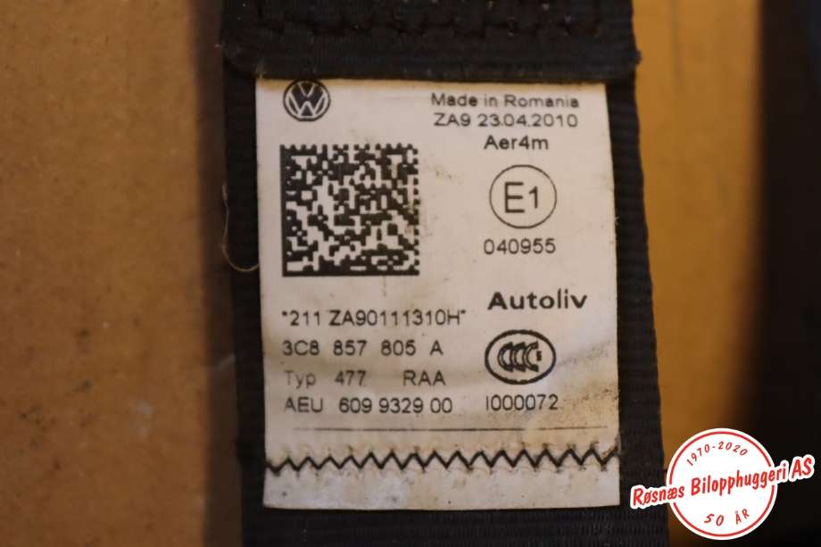 Sikkerhetsbelte bak høyre til VW CC 2008-2012 (PASSAT CC) (PASSAT CC) (VOLKSWAGEN||3C8857805A)