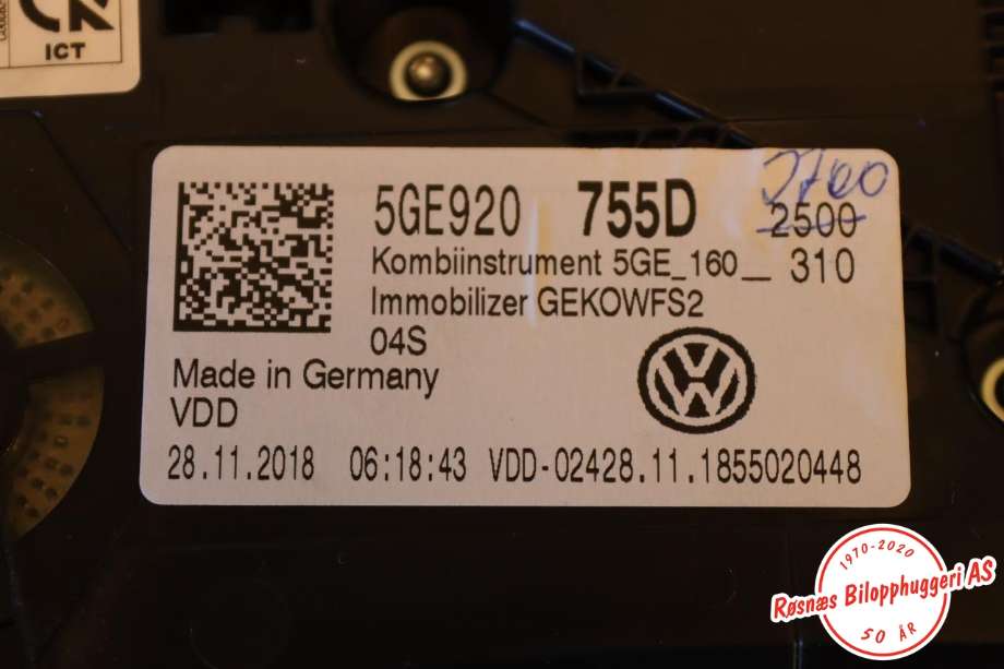 Speedometer til VW e-Golf 2017-2020 (Fase 2)  (VOLKSWAGEN|5GE 920 755 D|)