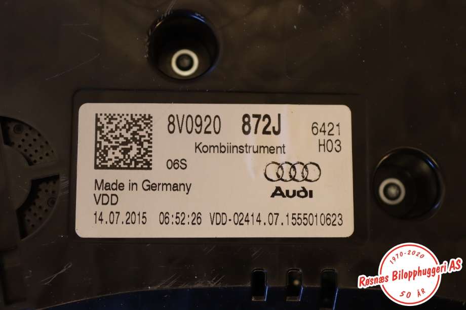 Speedometer til Audi A3 2016-2020 (Type III, Fase 2)  (AUDI|8V0920872J|)