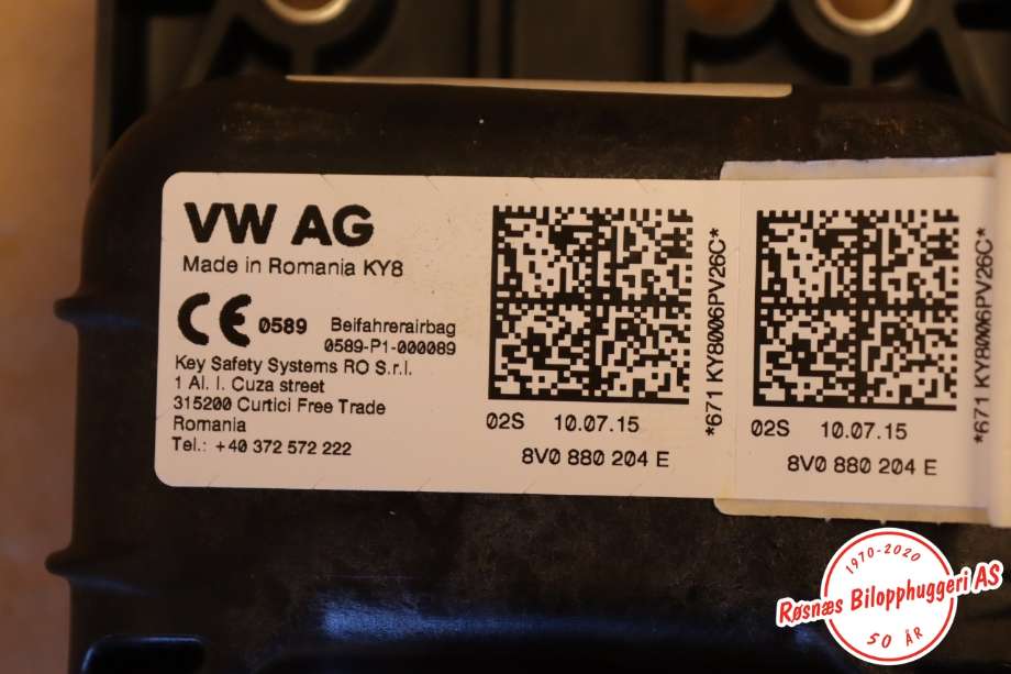 Airbag passasjer til Audi A3 2016-2020 (Type III, Fase 2)  (AUDI|8V0880204E|)