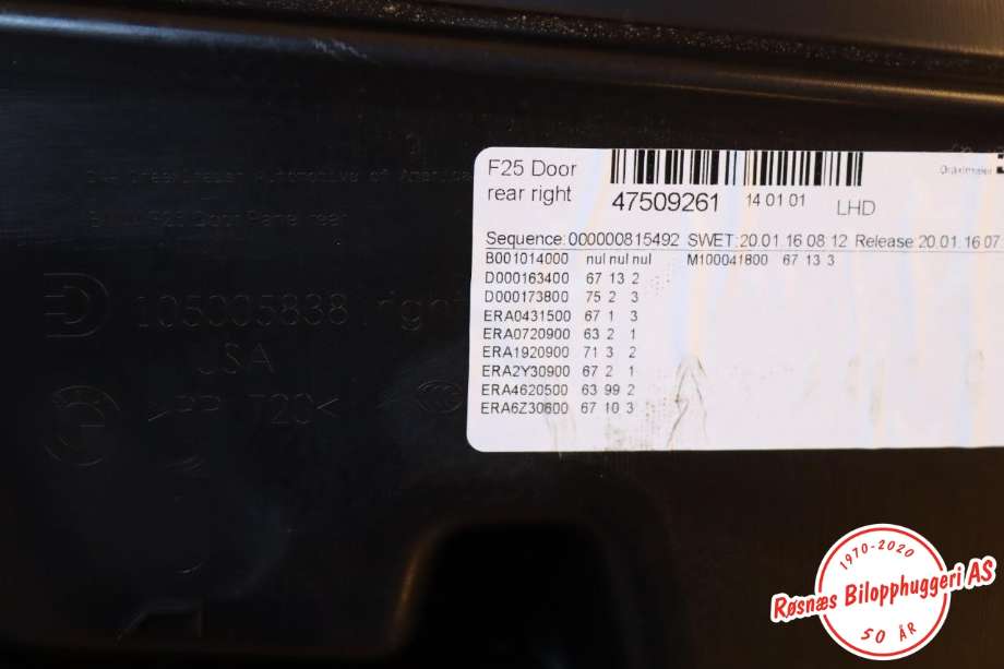 Dørtrekk høyre til BMW X3 2010-2017 (F25) (F25) (BMW|51417394528|)