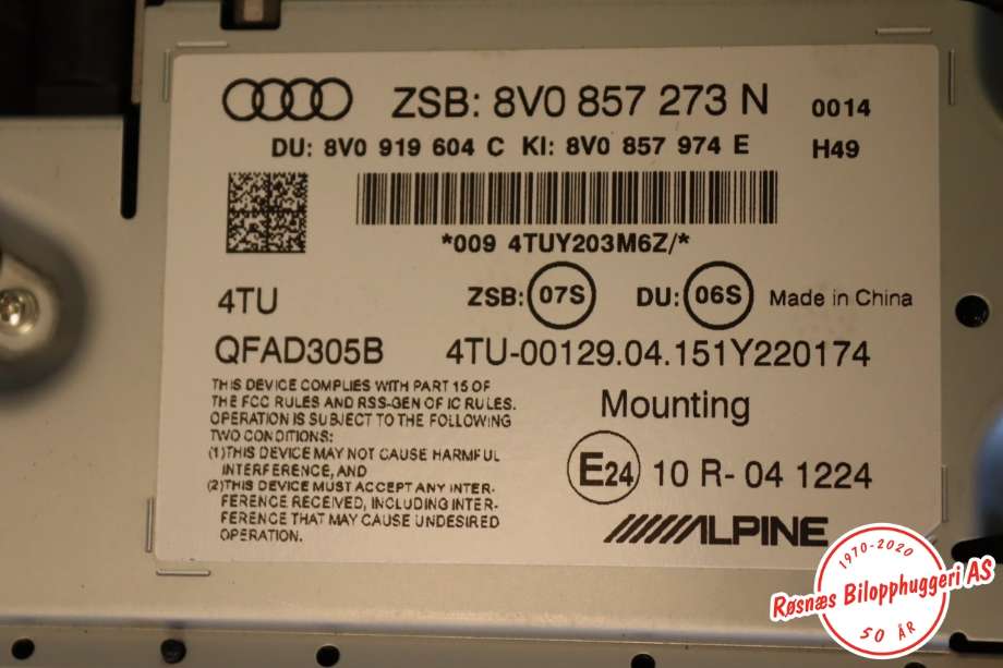 Bilstereo navigasjon til Audi A3 2016-2020 (Type III, Fase 2)  (AUDI|8V0857273N|)
