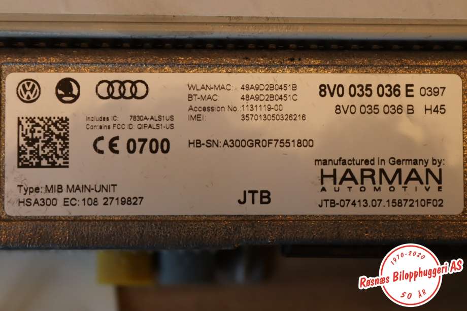 Bilstereo navigasjon spiller til Audi A3 2016-2020 (Type III, Fase 2)  (AUDI|8V0035036E|)