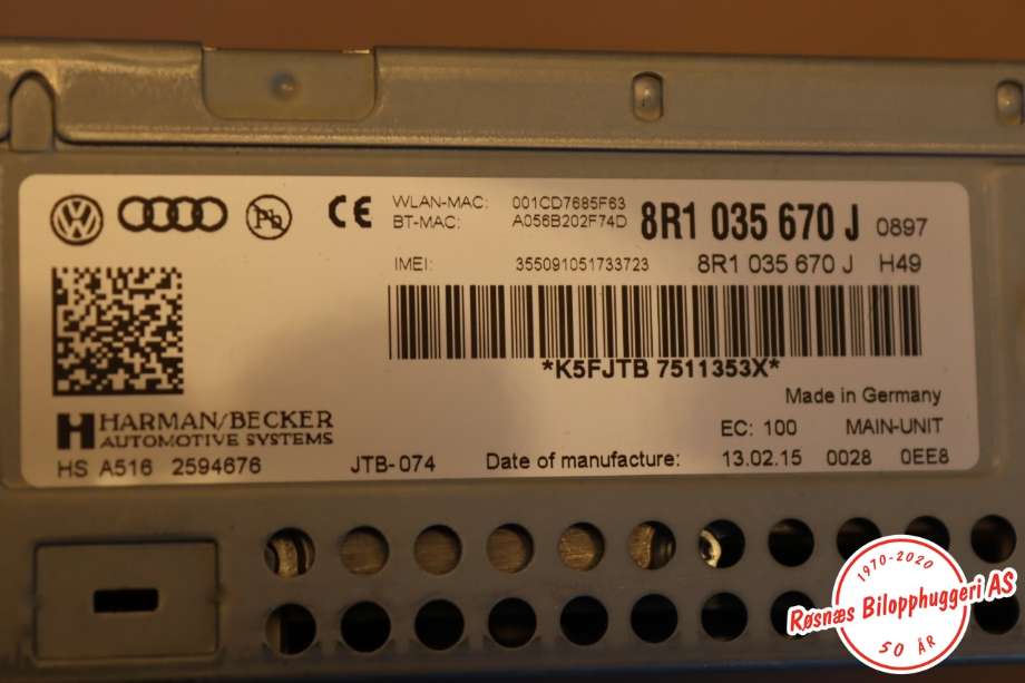 Bilstereo til Audi A4, Allroad 2009-2016 (Type I) (B8) (B8) (AUDI|8R1035670J|)