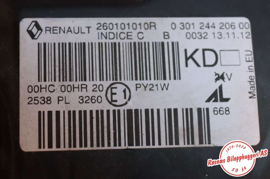 Frontlykt høyre halogen til Renault Megane 2009-2016 Type III  (RENAULT|260101010R||0301244206600)