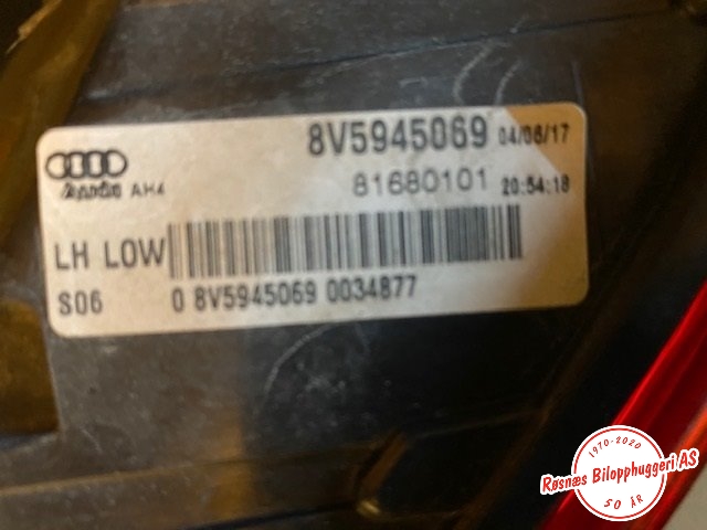 Baklykt venstre til Audi A3 2016-2020 (Type III, Fase 2) (AUDI|8V5945069|81680101|)