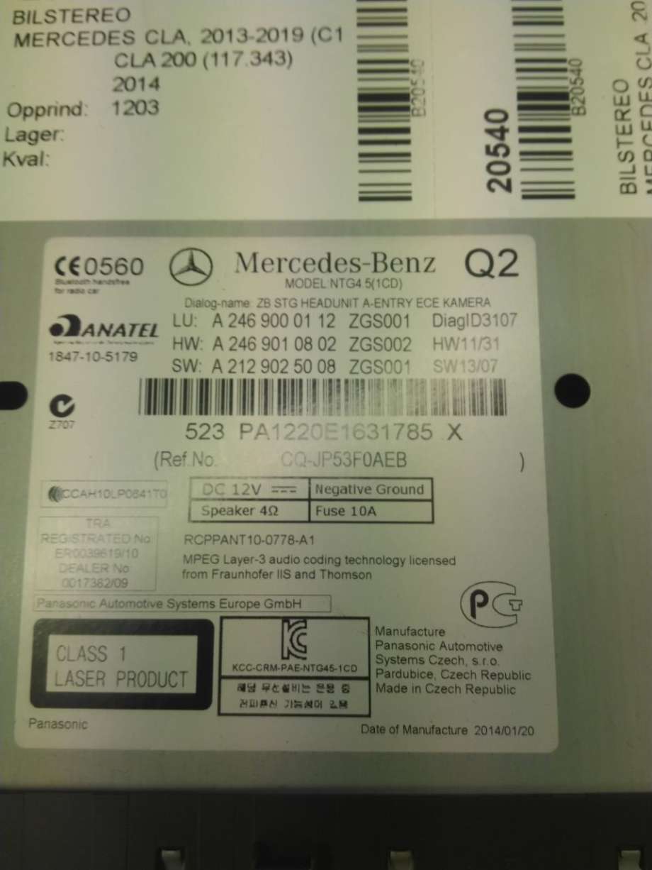 Bilstereo til Mercedes CLA 2013-2019 (C117) (C117) (A 246 900 01 12|)