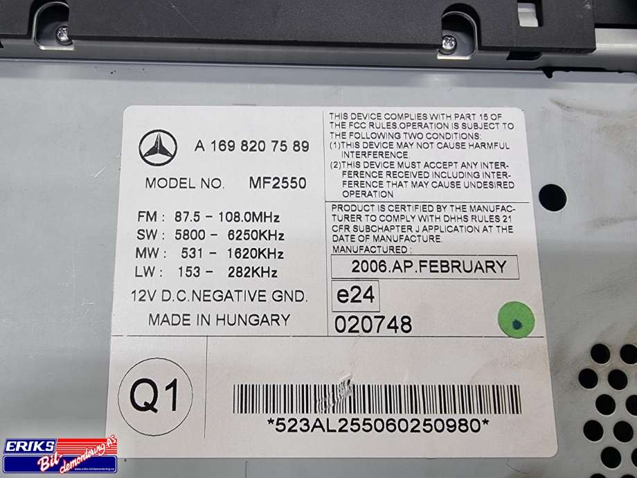 Bilstereo til Mercedes A-Klasse 2005-2012 (W169) (W169) (A 169 820 75 89|)
