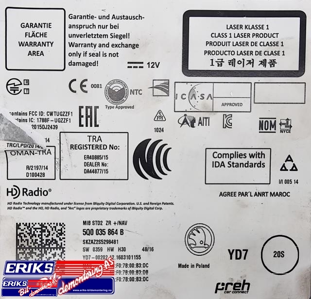 Bilstereo navigasjon spiller til Škoda Octavia 2013-2016 (Type III, Fase 1)  (5Q0 035 864 B|)