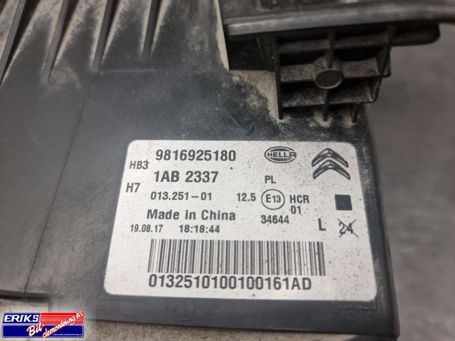 Frontlykt venstre halogen til Citroën C5, Aircross 2019-->>  (HELLA|9816925180|)