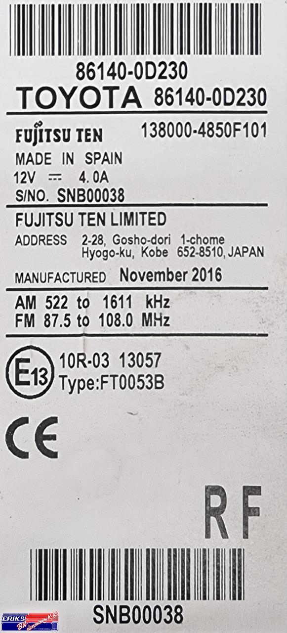 Bilstereo navigasjon til Toyota Yaris 2014-2020 (Type III, Fase 2)  (86140-0D230|)